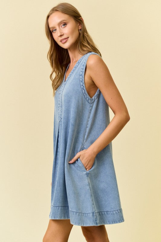 DENIM V-NECK SLEEVELESS A-LINE DRESS
