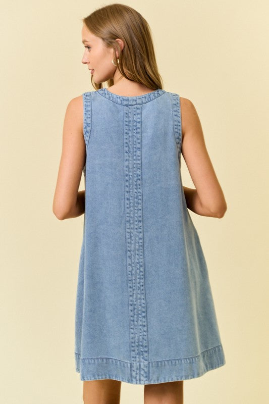 DENIM V-NECK SLEEVELESS A-LINE DRESS