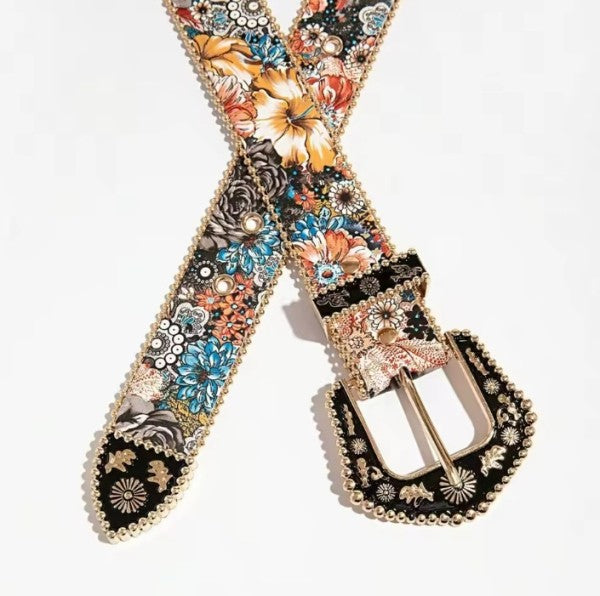 Metal Buckle Multi-color Flower Print Belt