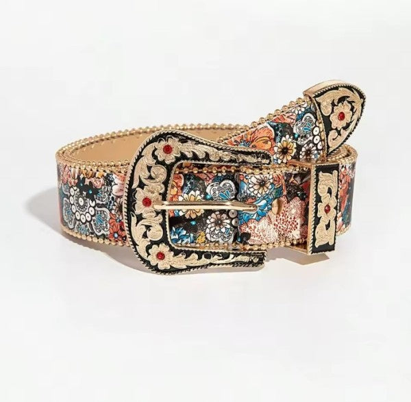 Metal Buckle Multi-color Flower Print Belt