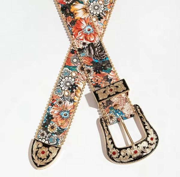 Metal Buckle Multi-color Flower Print Belt