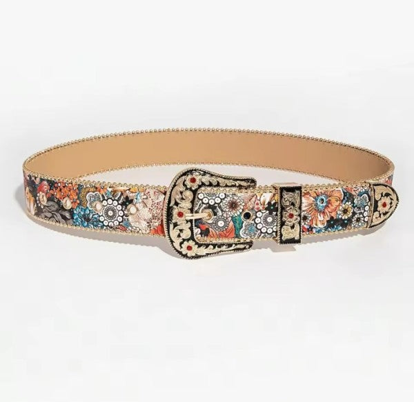 Metal Buckle Multi-color Flower Print Belt