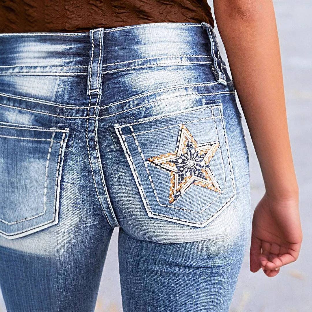 Embroidered Denim Straight Leg Pants for Women