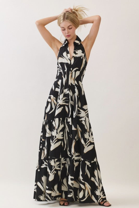 Sleeveless Halter Neck Tiered Maxi Dress