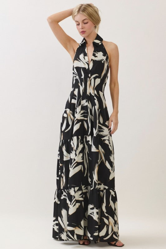 Sleeveless Halter Neck Tiered Maxi Dress