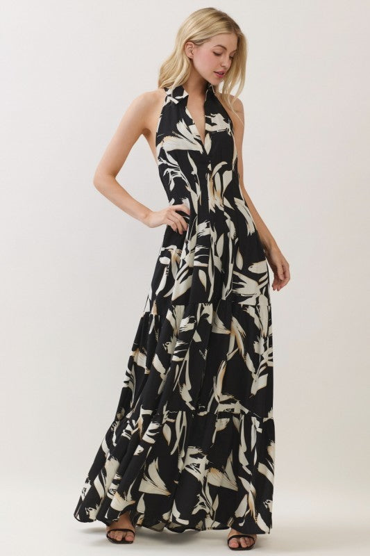 Sleeveless Halter Neck Tiered Maxi Dress