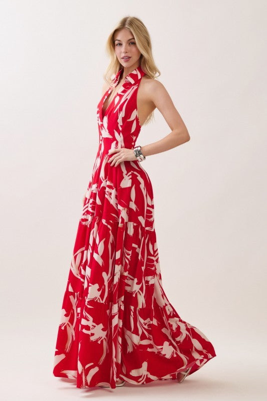 Sleeveless Halter Neck Tiered Maxi Dress