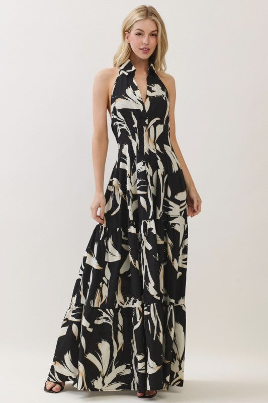 Sleeveless Halter Neck Tiered Maxi Dress