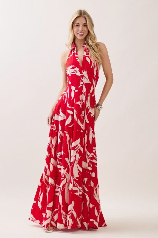 Sleeveless Halter Neck Tiered Maxi Dress