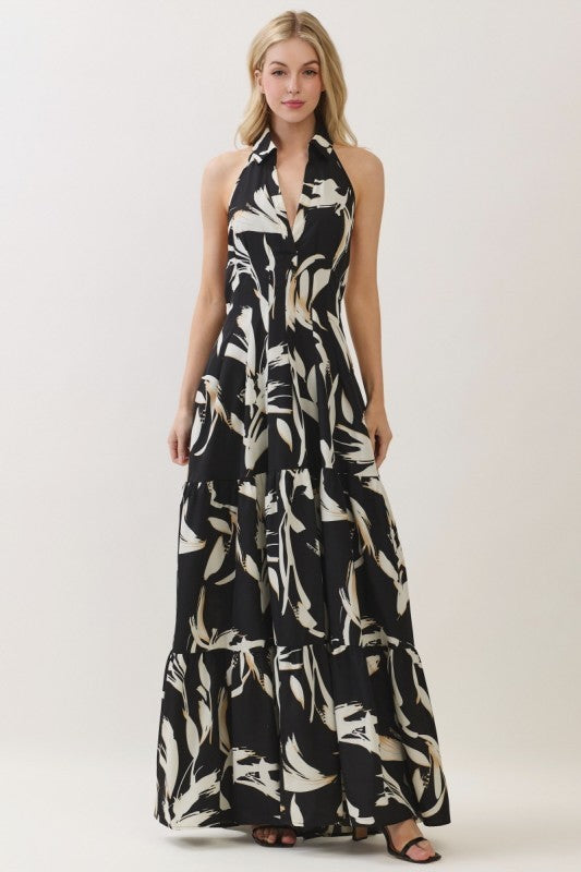 Sleeveless Halter Neck Tiered Maxi Dress