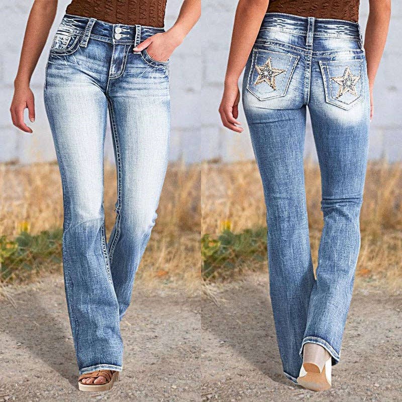 Embroidered Denim Straight Leg Pants for Women