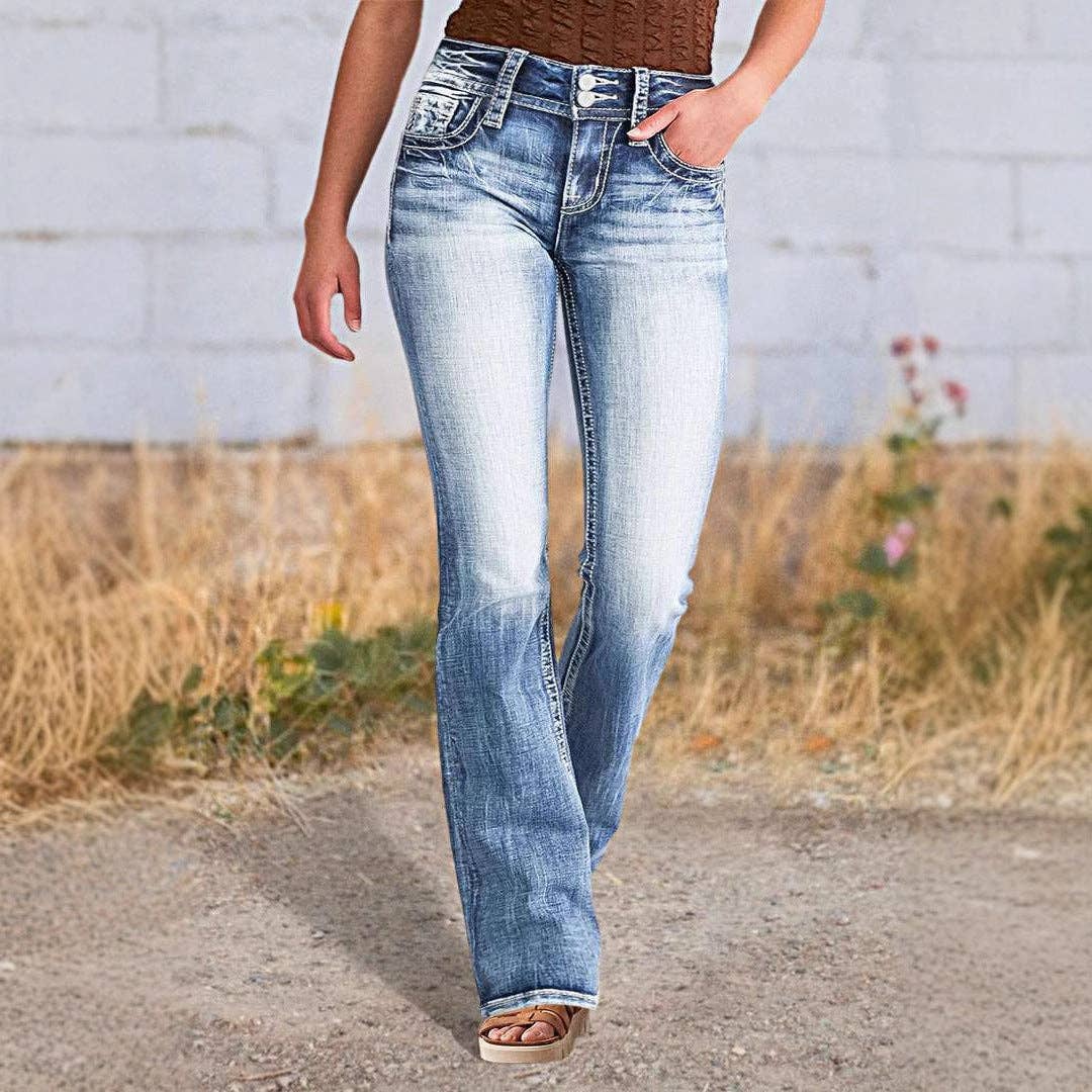 Embroidered Denim Straight Leg Pants for Women