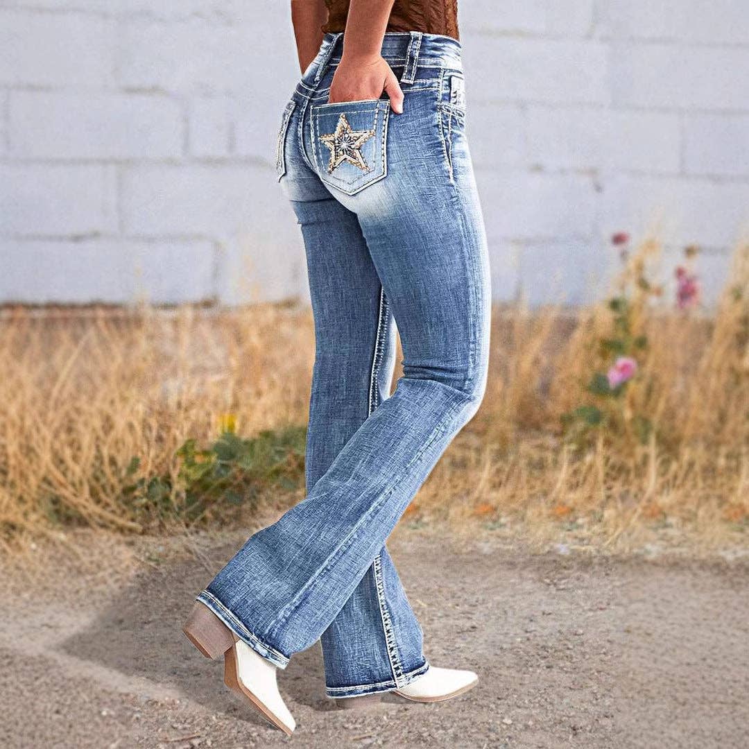 Embroidered Denim Straight Leg Pants for Women