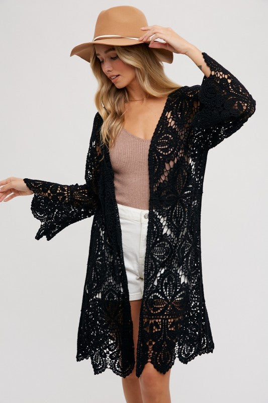 Open Front Crochet Lace Long Cardigan.