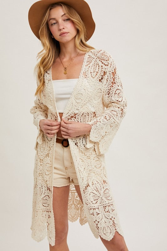 Open Front Crochet Lace Long Cardigan.