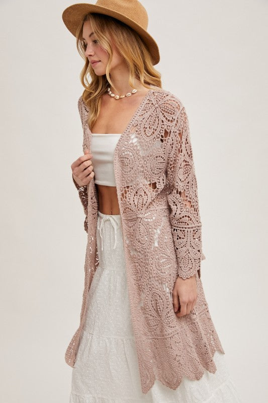 Open Front Crochet Lace Long Cardigan.