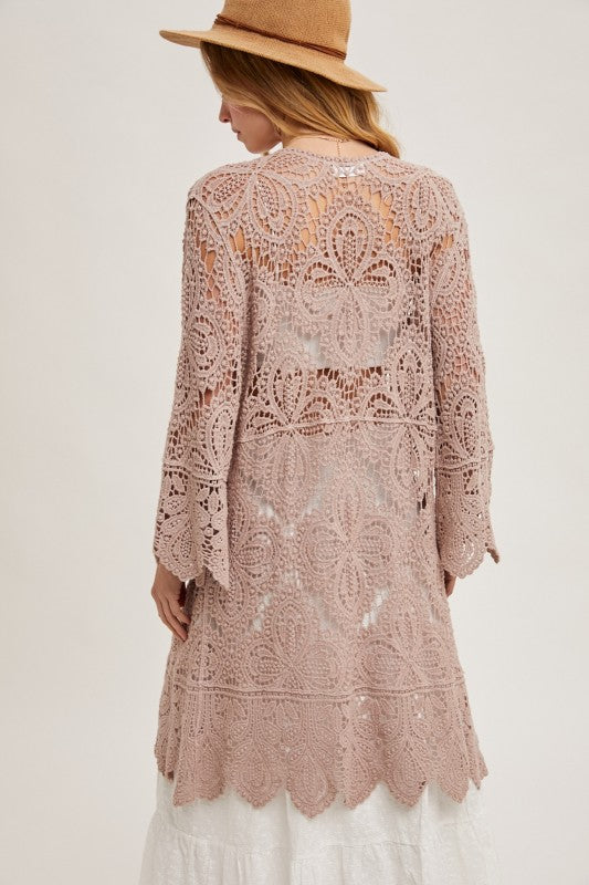 Open Front Crochet Lace Long Cardigan.