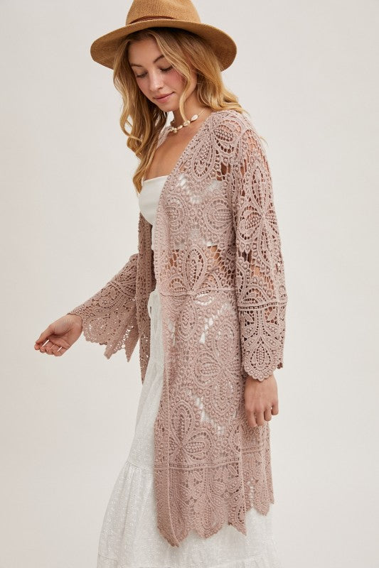 Open Front Crochet Lace Long Cardigan.