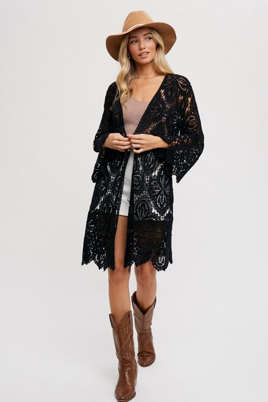 Open Front Crochet Lace Long Cardigan.