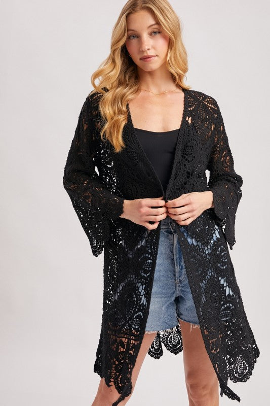 Open Front Crochet Lace Long Cardigan.