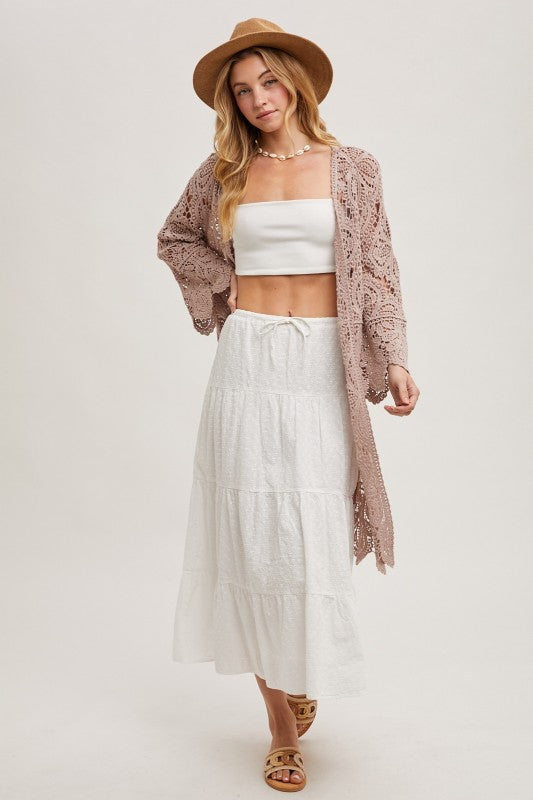 Open Front Crochet Lace Long Cardigan.
