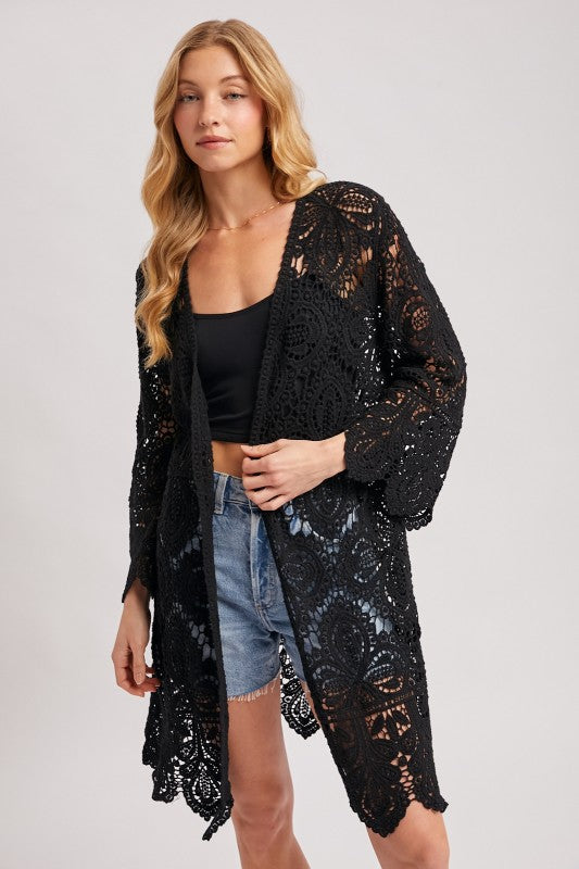 Open Front Crochet Lace Long Cardigan.