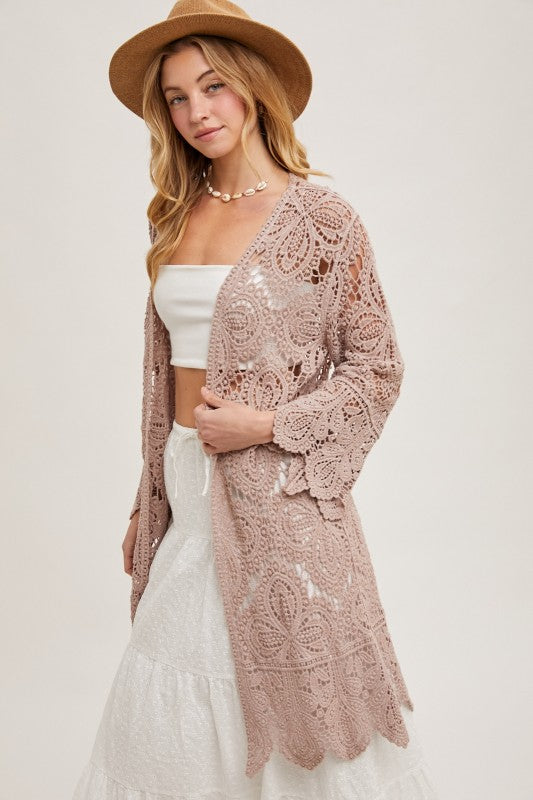 Open Front Crochet Lace Long Cardigan.