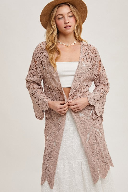 Open Front Crochet Lace Long Cardigan.