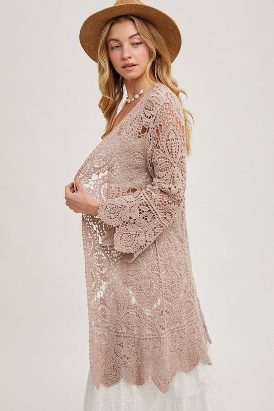 Open Front Crochet Lace Long Cardigan.