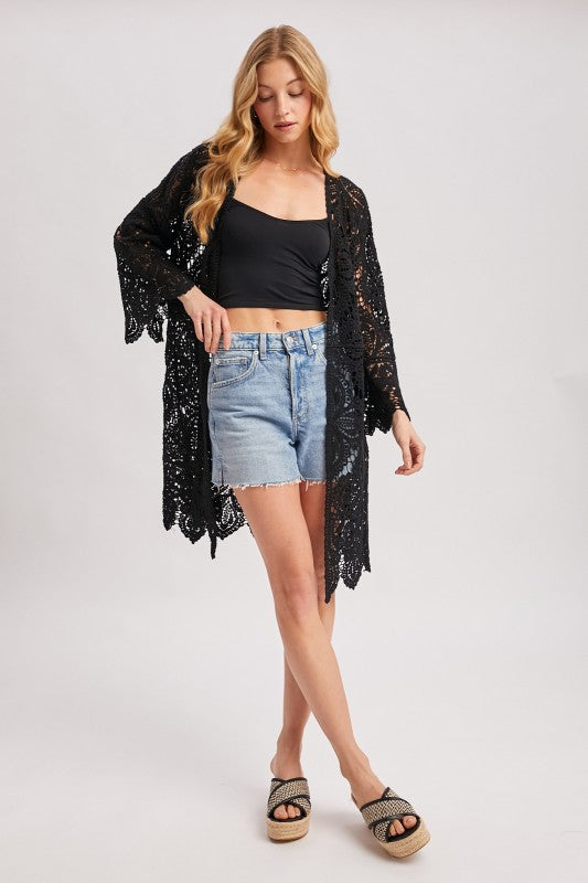 Open Front Crochet Lace Long Cardigan.