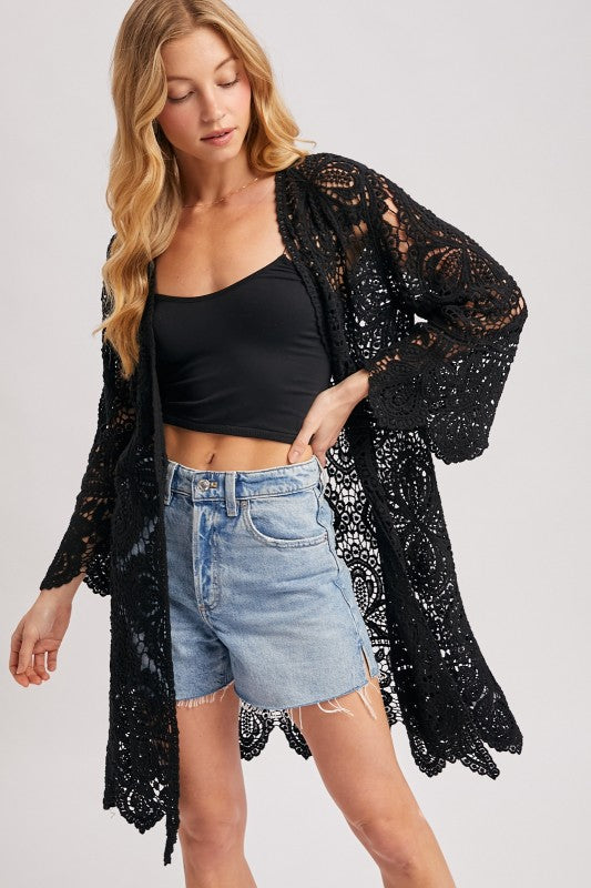 Open Front Crochet Lace Long Cardigan.