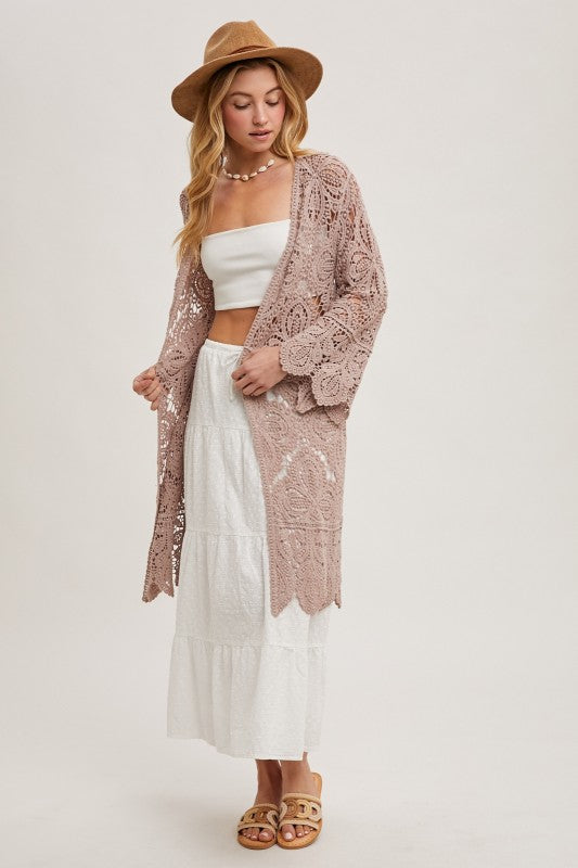 Open Front Crochet Lace Long Cardigan.