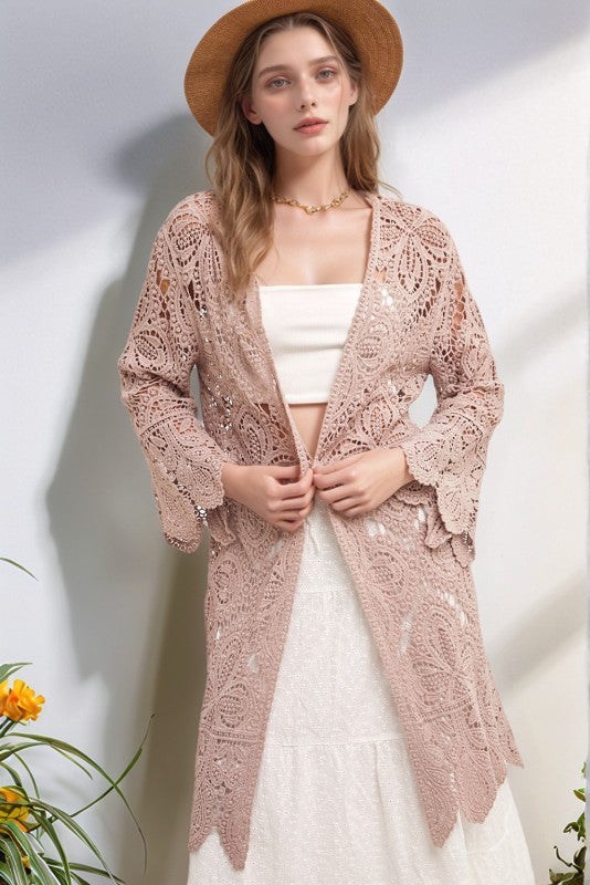 Open Front Crochet Lace Long Cardigan.