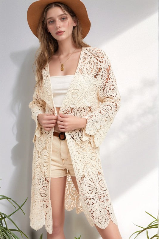 Open Front Crochet Lace Long Cardigan.