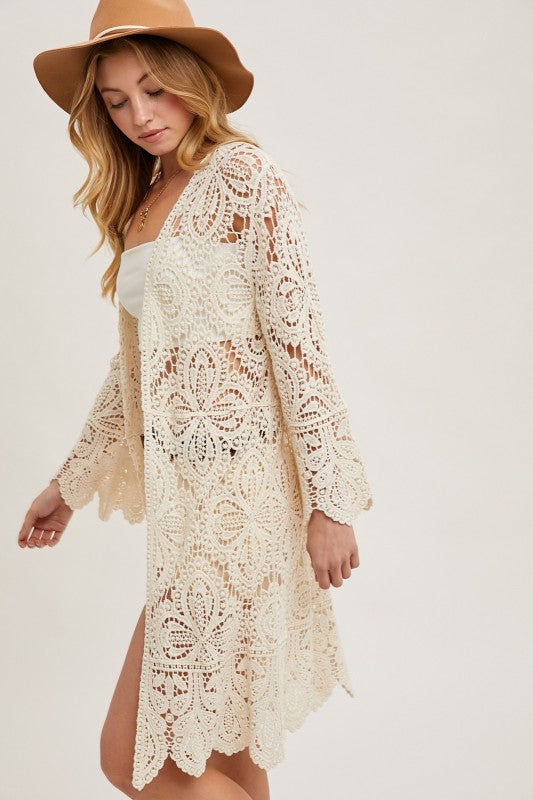 Open Front Crochet Lace Long Cardigan.