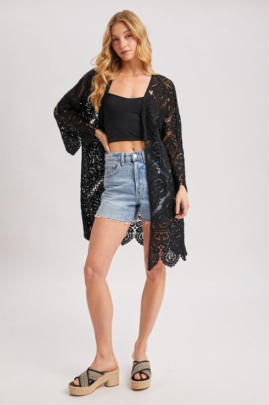 Open Front Crochet Lace Long Cardigan.