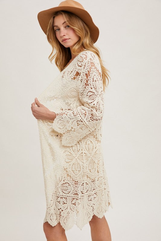 Open Front Crochet Lace Long Cardigan.
