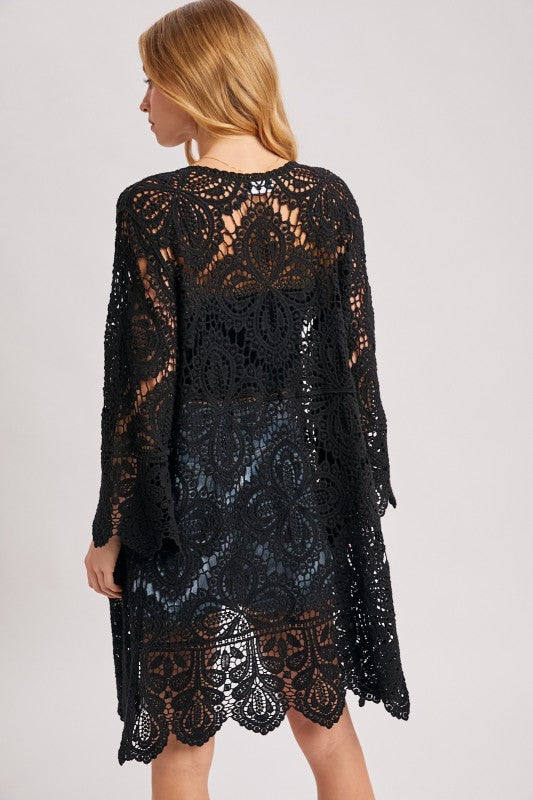 Open Front Crochet Lace Long Cardigan.