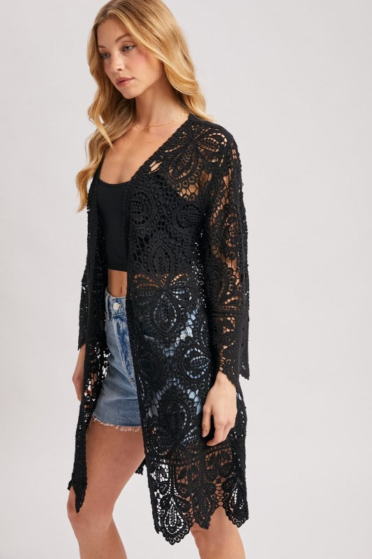 Open Front Crochet Lace Long Cardigan.