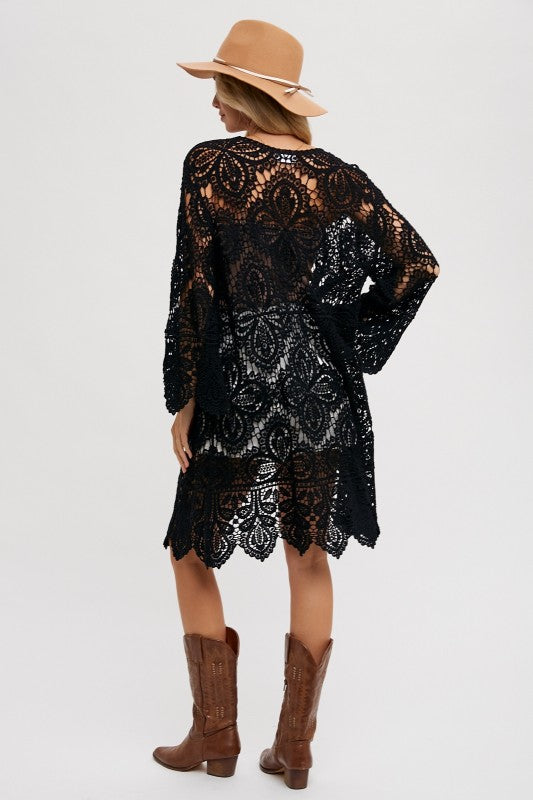 Open Front Crochet Lace Long Cardigan.