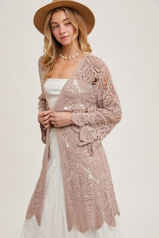Open Front Crochet Lace Long Cardigan.