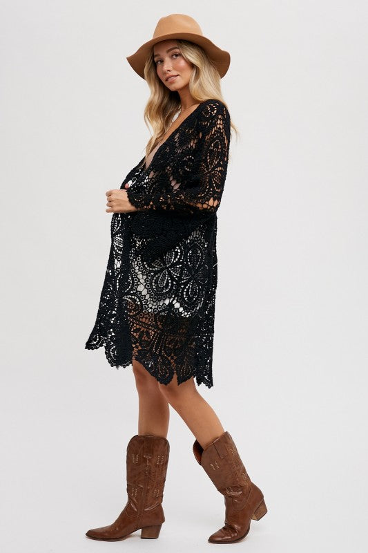 Open Front Crochet Lace Long Cardigan.