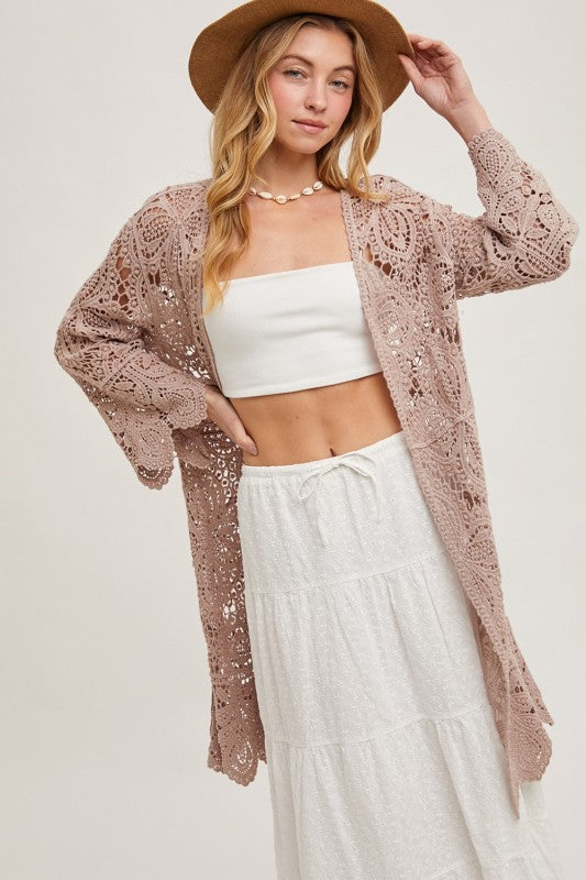 Open Front Crochet Lace Long Cardigan.