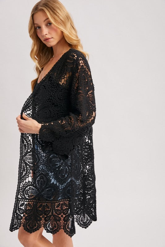 Open Front Crochet Lace Long Cardigan.
