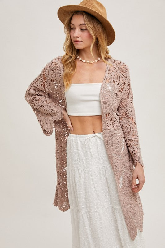 Open Front Crochet Lace Long Cardigan.
