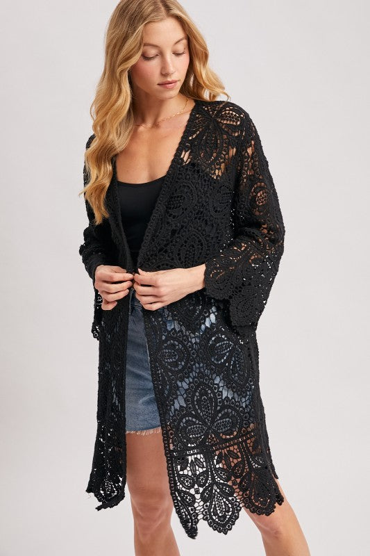 Open Front Crochet Lace Long Cardigan.