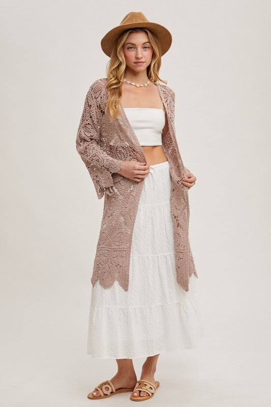 Open Front Crochet Lace Long Cardigan.