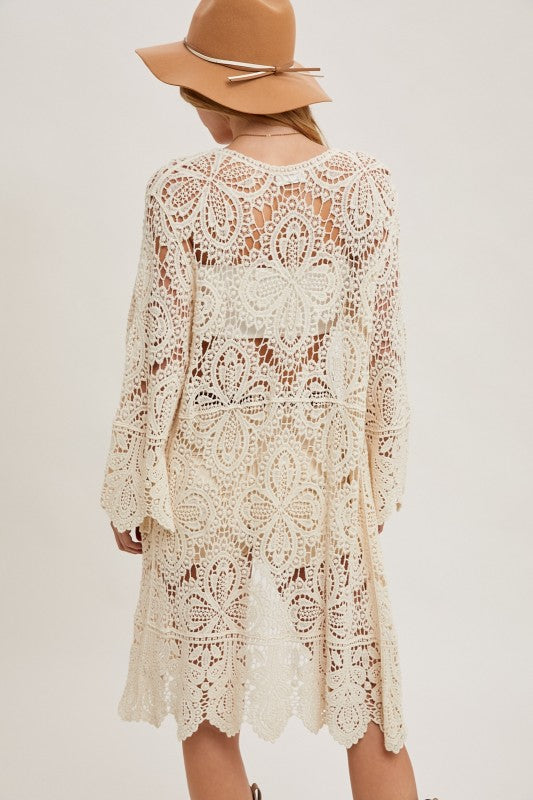 Open Front Crochet Lace Long Cardigan.