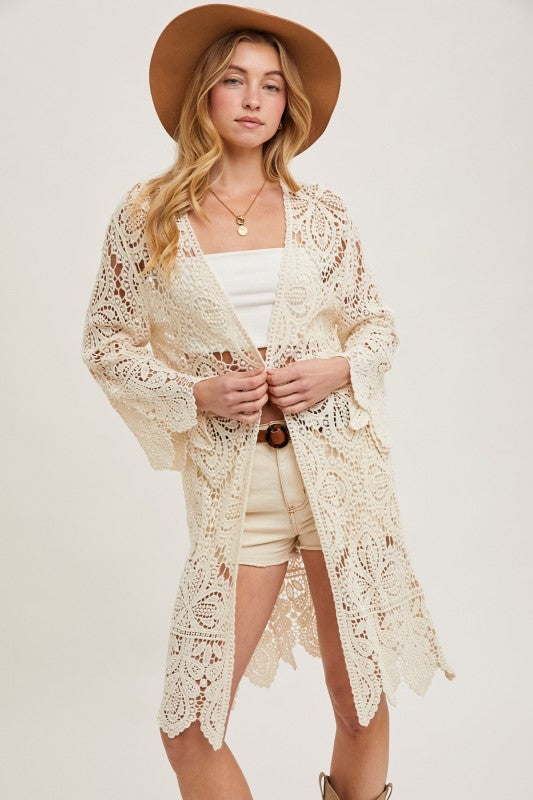 Open Front Crochet Lace Long Cardigan.