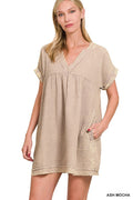 Washed Double Gauze Raw Edge V-neck Dress